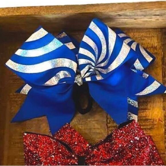 🌴 Blue Silver Glitter Swirl Cheer Bow 8” | Peppermint Stripe Gameday Spirit Hair - Picture 3 of 8